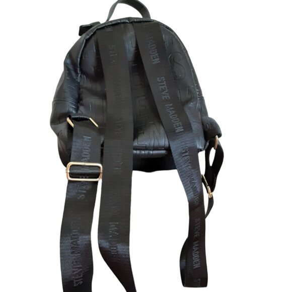 Steve Madden Mini Backpack Purse Black All Over Logo Faux Leather LN - Picture 3 of 5